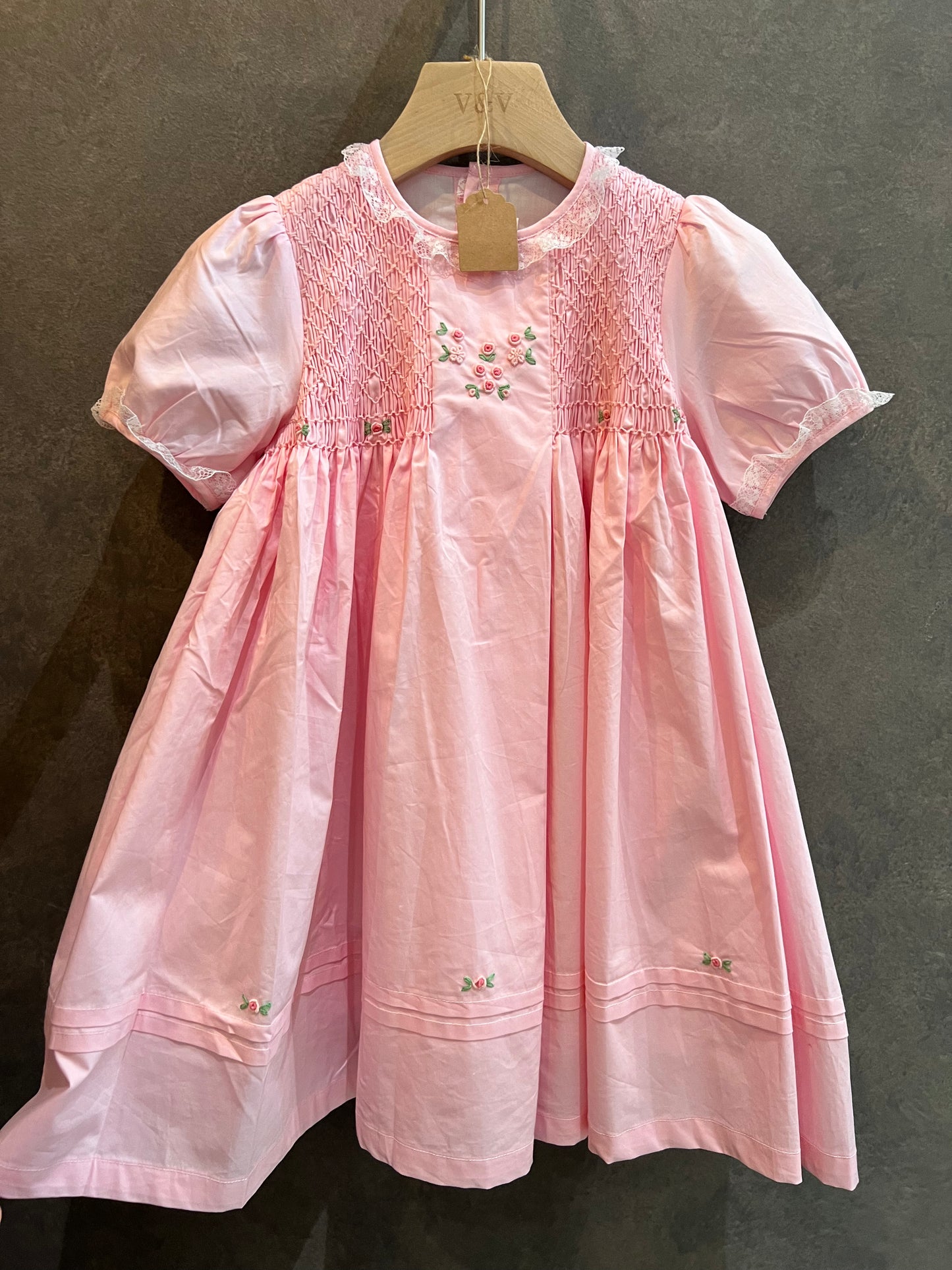 V&V Handmade Pink Smocking flower Dress