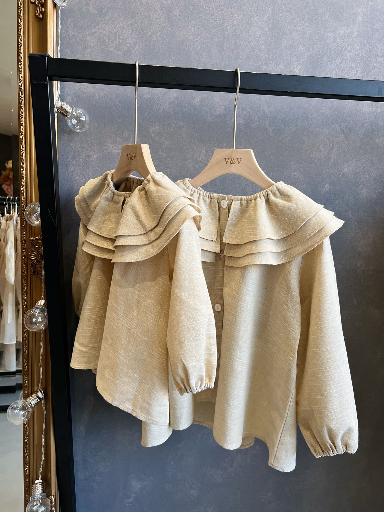 Washed Linen Shirt with Ruffle Collar