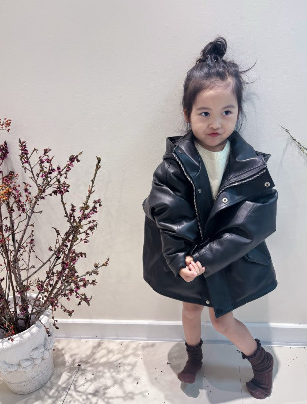 Hooded Leather and Duck down Jacket