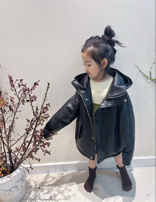 Hooded Leather and Duck down Jacket