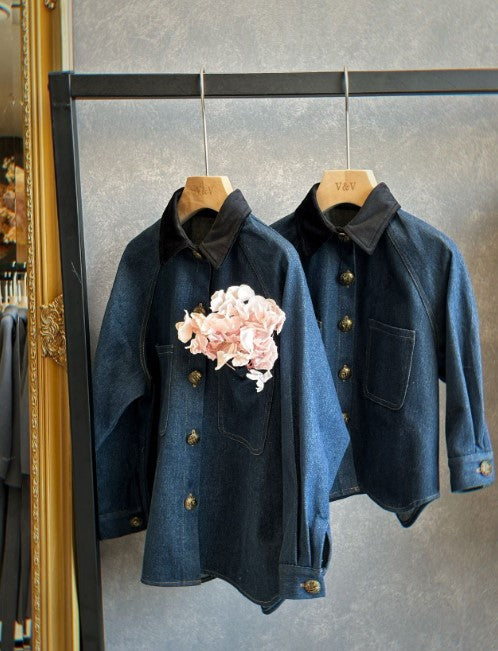 Velvet-trimmed vintage style denim shirt