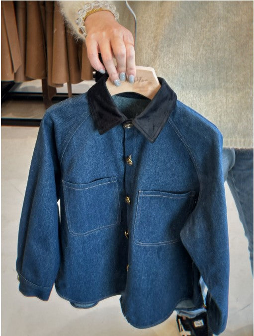 Velvet-trimmed vintage style denim shirt