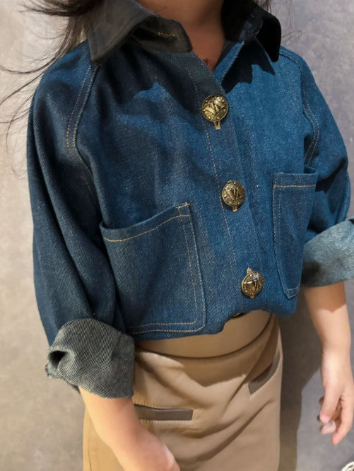 Velvet-trimmed vintage style denim shirt