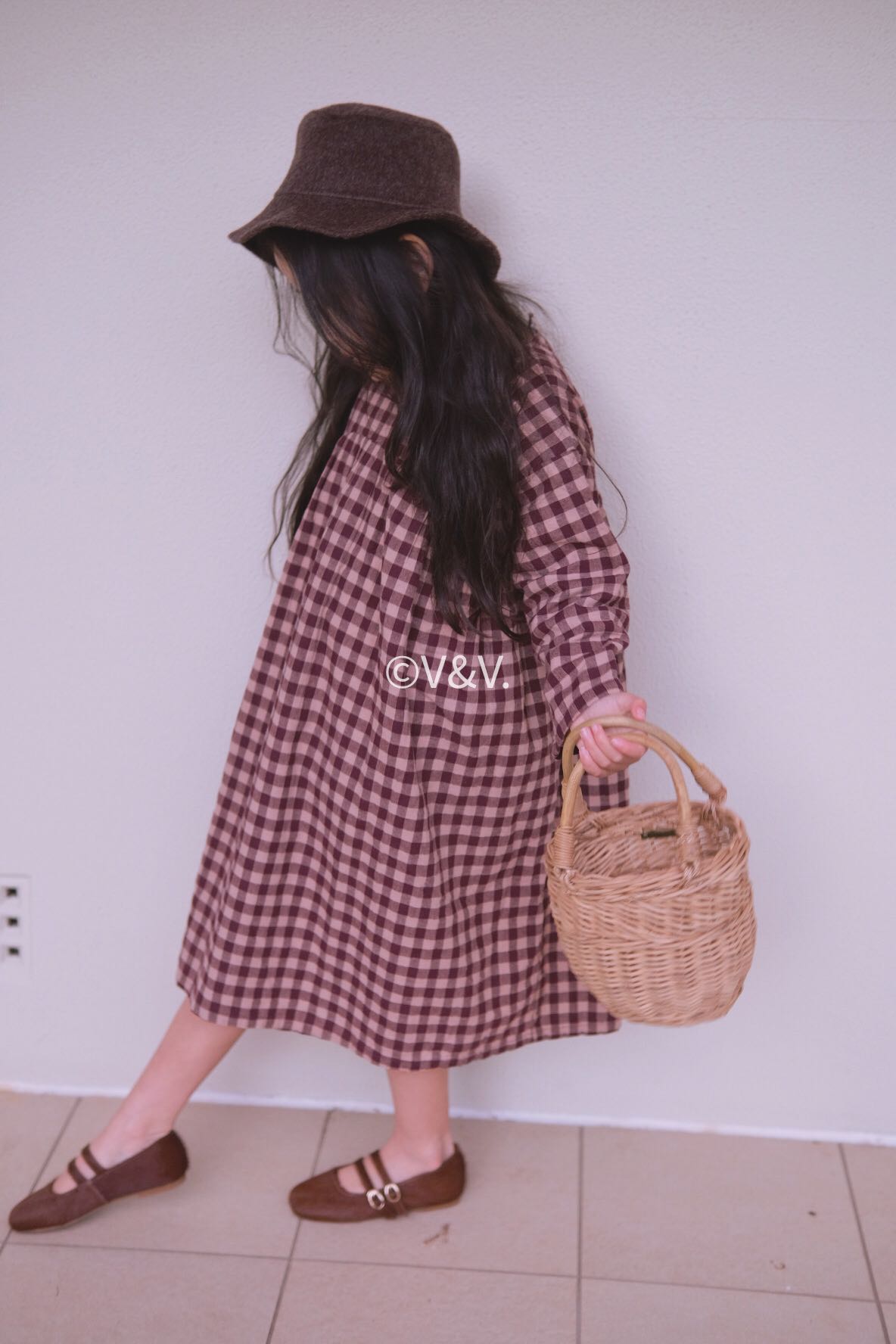 Linen checked long dress